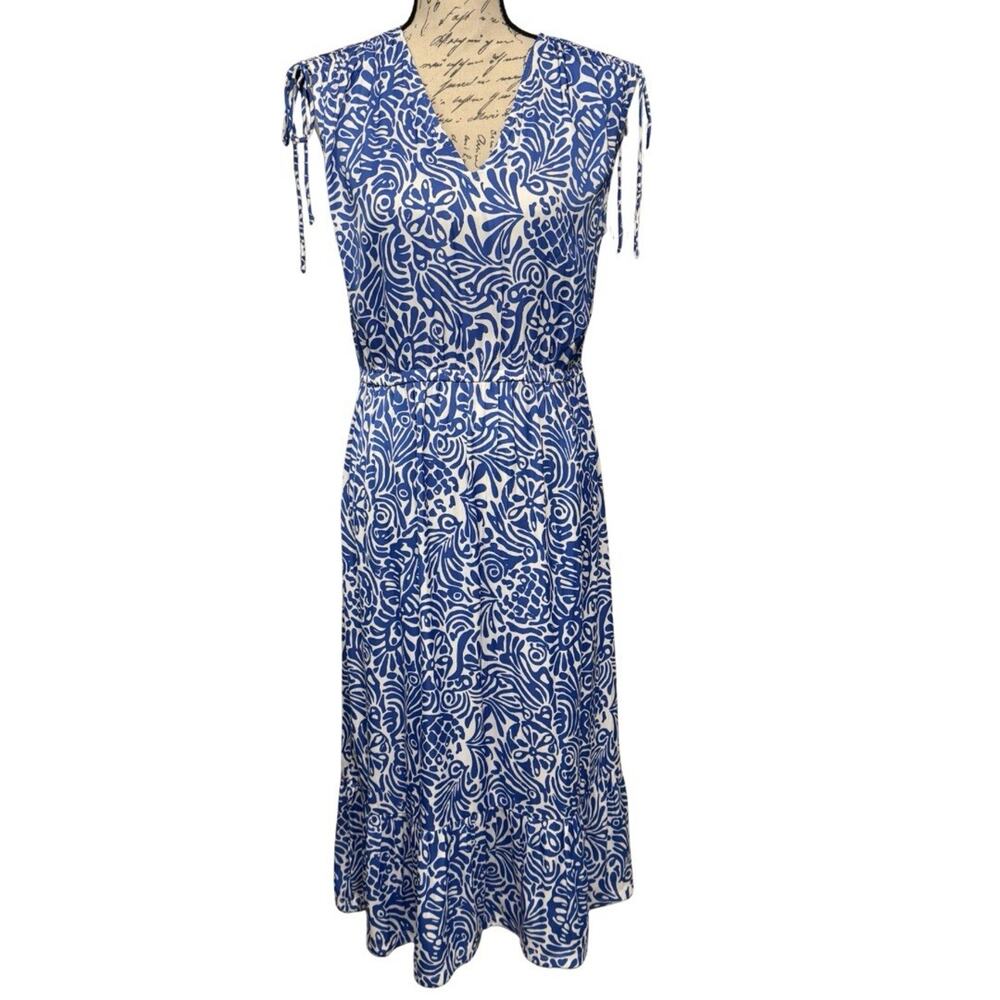 Loft Outlet Sleeveless Midi Dress Size M Blue White Tie Shoulder Ruffle Hem NWT